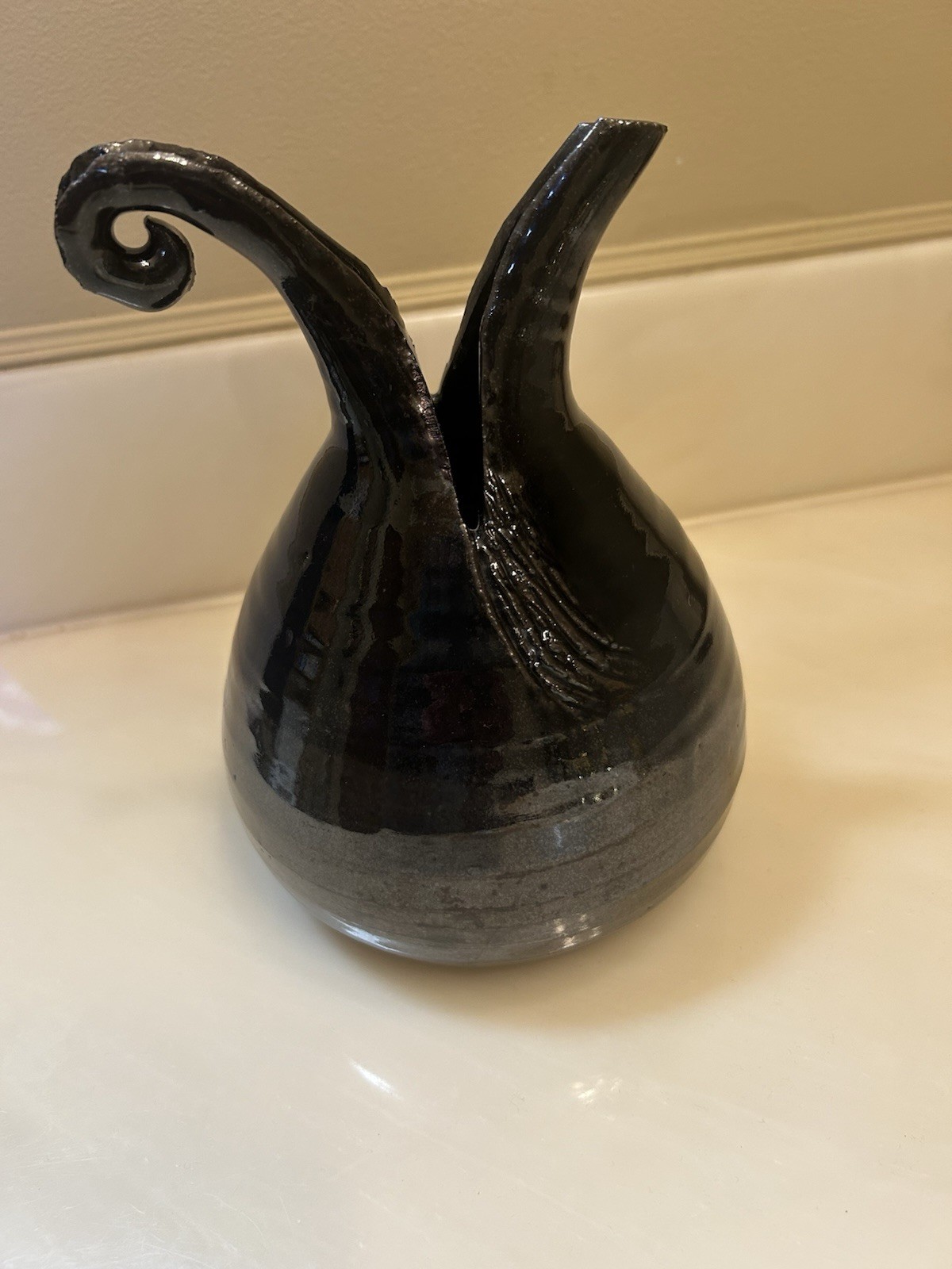 Vintage Raku Fired Pottery, 7 1/2 in Abstract Jug/Pitcher, Artist Signed In VGC!