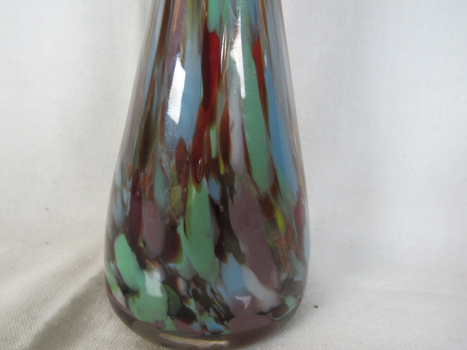 Vtg MCM Hand Blown Art Glass Multicolor Stretch Vase 10” White Blue Green Red