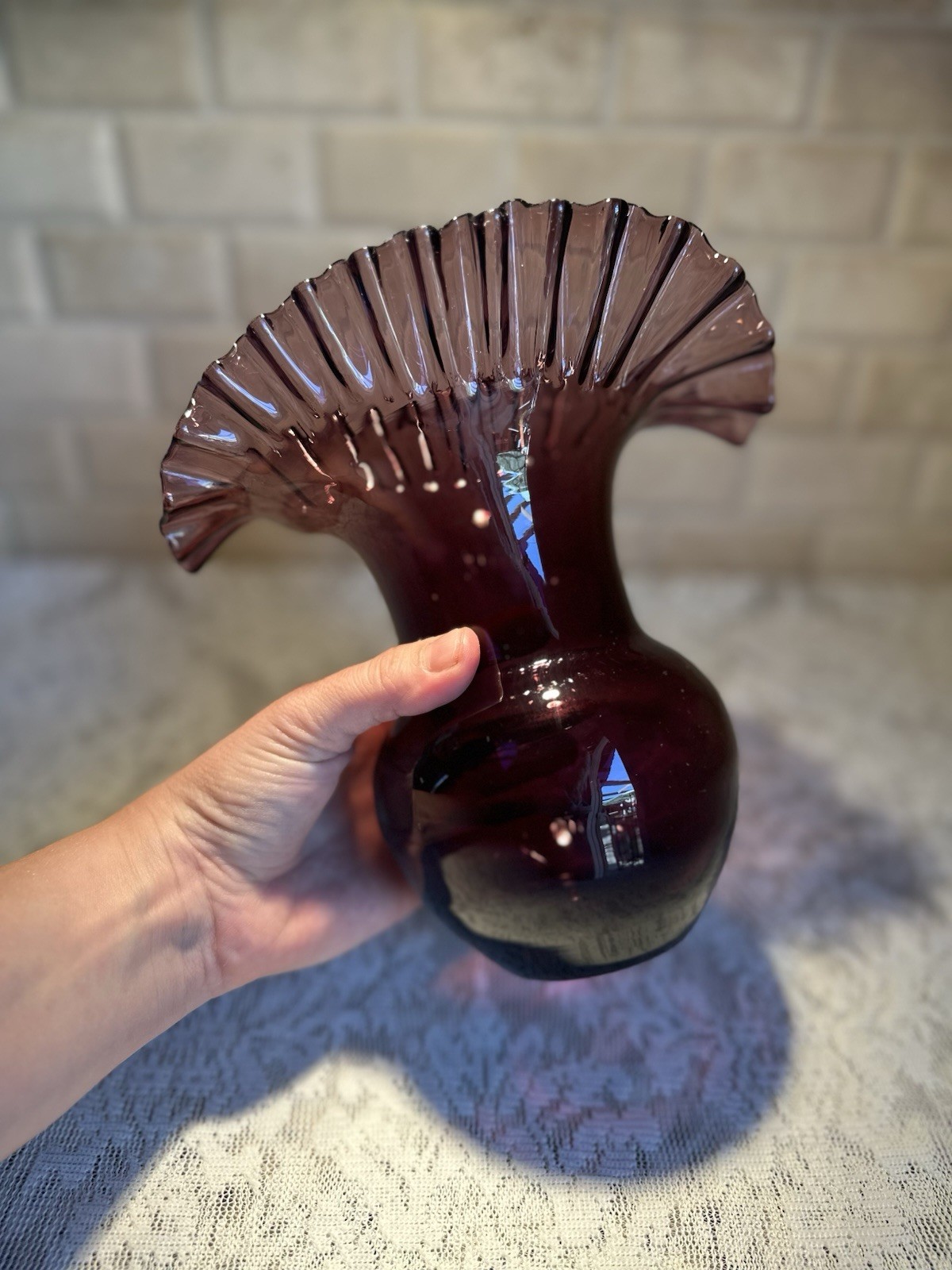Blenko #390 Purple Amethyst Glass Vase, Mid-Century Crimped Rim Hand Blown 7.75”