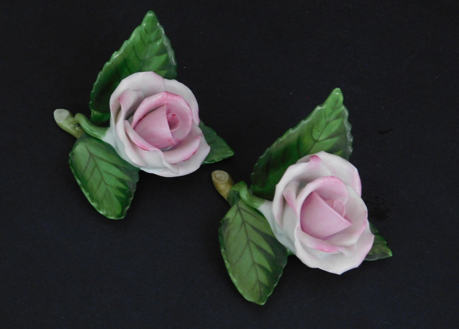 VINTAGE HEREND (1960-1970s): Pair Hand Painted Pink Porcelain Roses & 3 Leaves