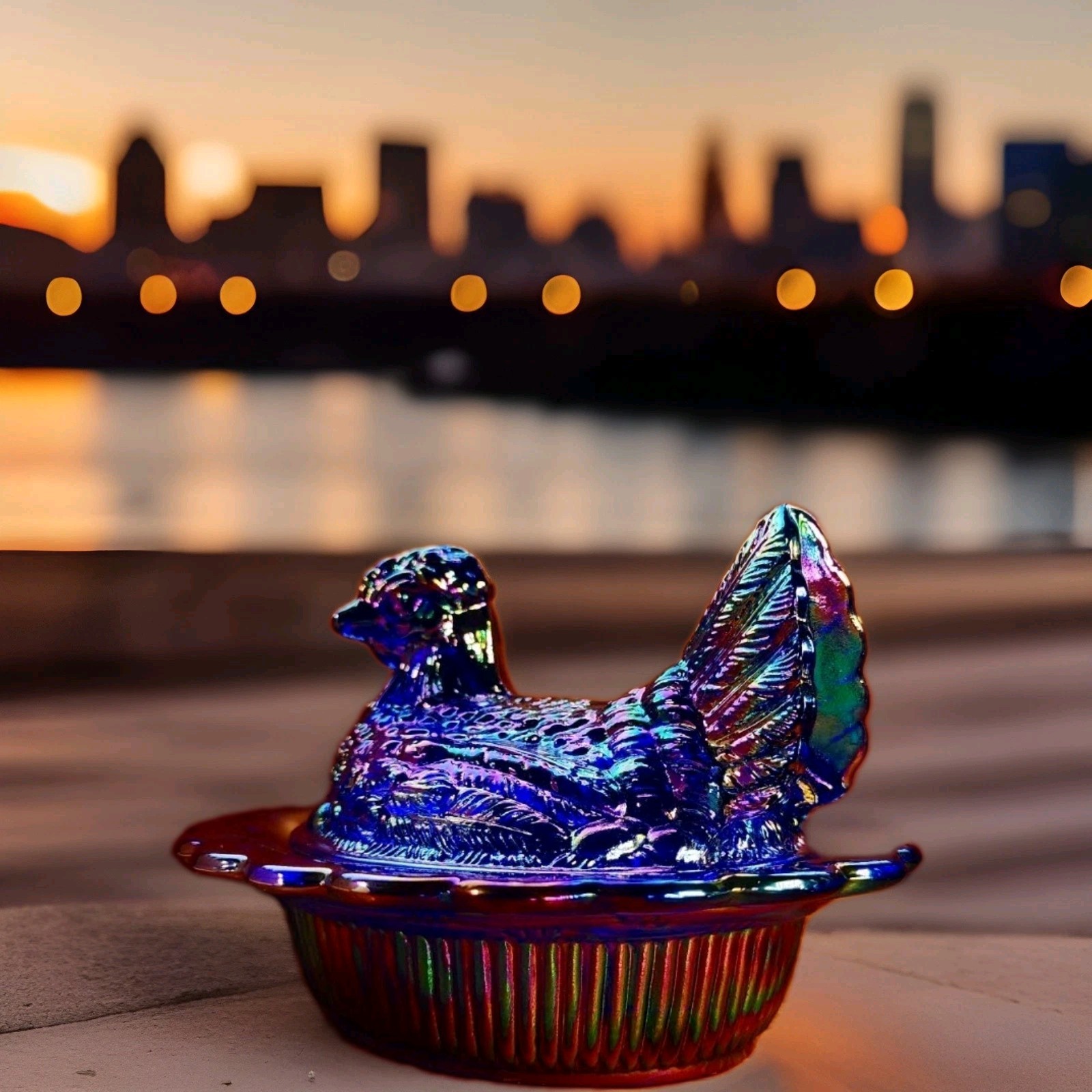 Cobalt Blue Carnival 6″ Mosser Glass Hen Jumbo Chicken Covered on Wide Rim Base