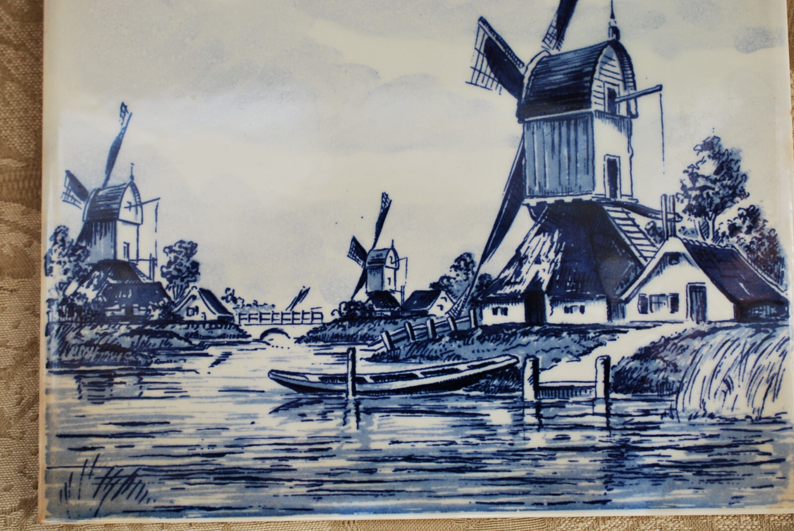 Vintage Dutch Delftware Blue & White Windmill Tile Hand Painted 6 1/8″ square
