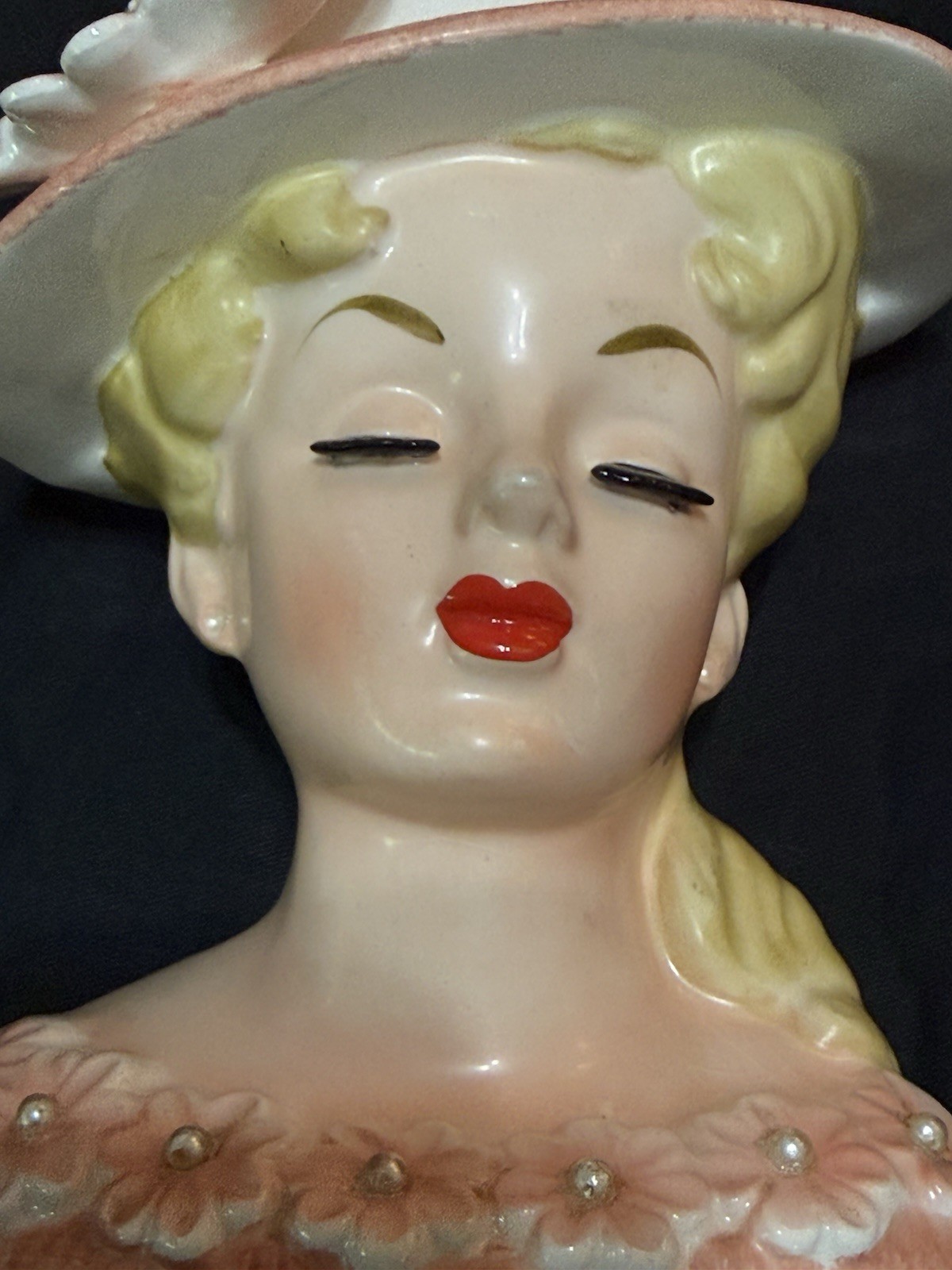 RUBENS # 499 BLOND LADY head vase FOIL RUBENS LABEL FLORAL HAT & DRESS 6 INCH