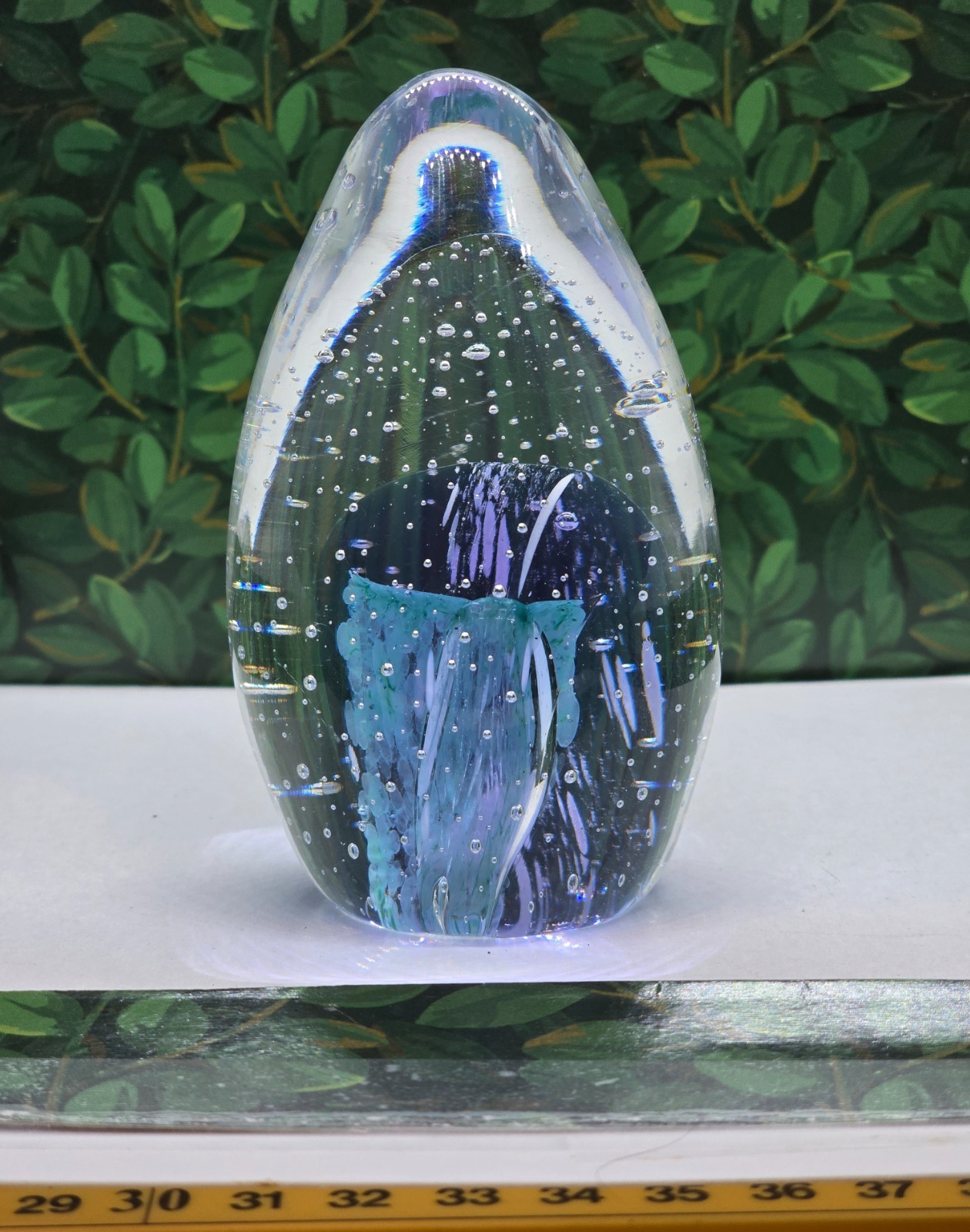 Pre-owned Art Glass Paperwieght–1 lb 3.3 ounces-4″ tall–2 3/8″ wide.