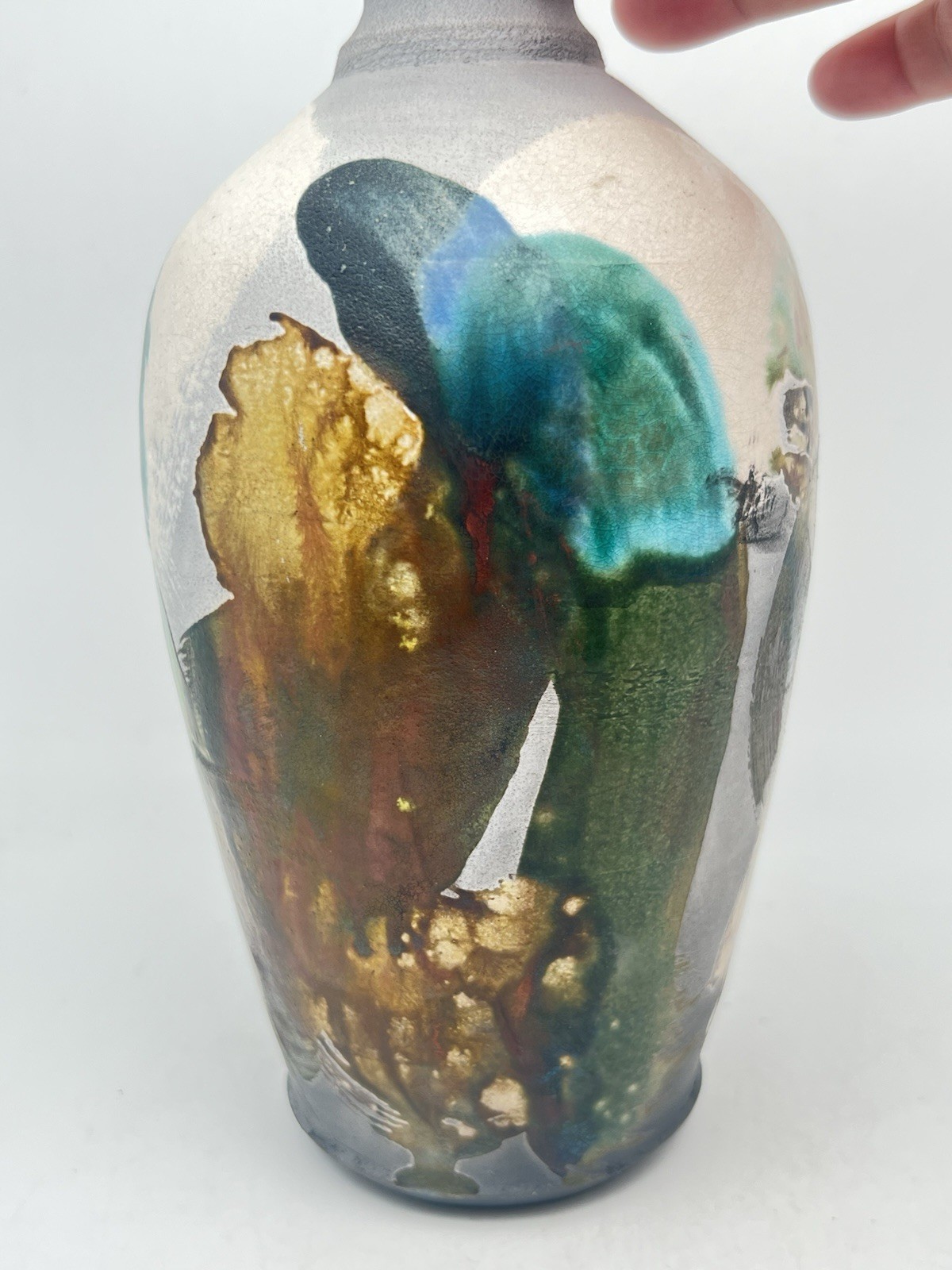 Raku Art Pottery Hand Made Vase 8.5” Tall Abstract Multi Colors
