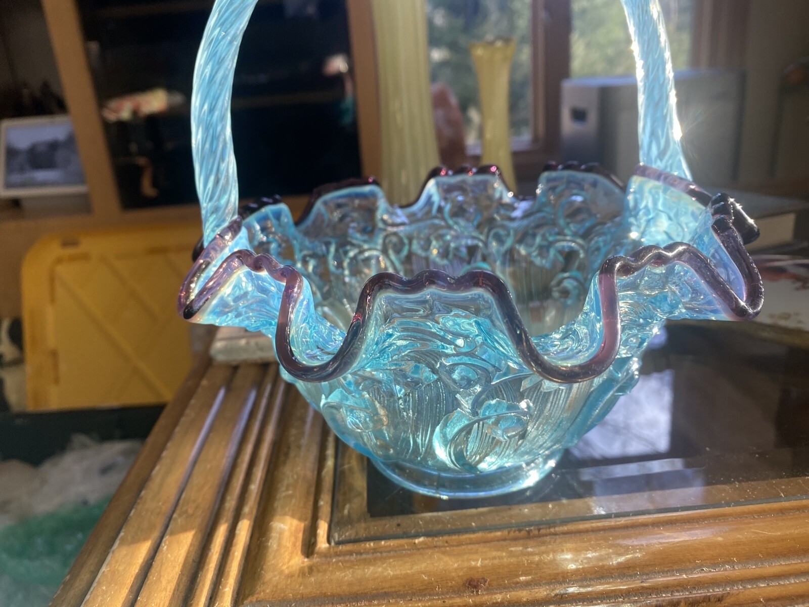 Fenton Glass QVC Blue opaline Lily Of The Valley Easter Basket Plum Crest HTF