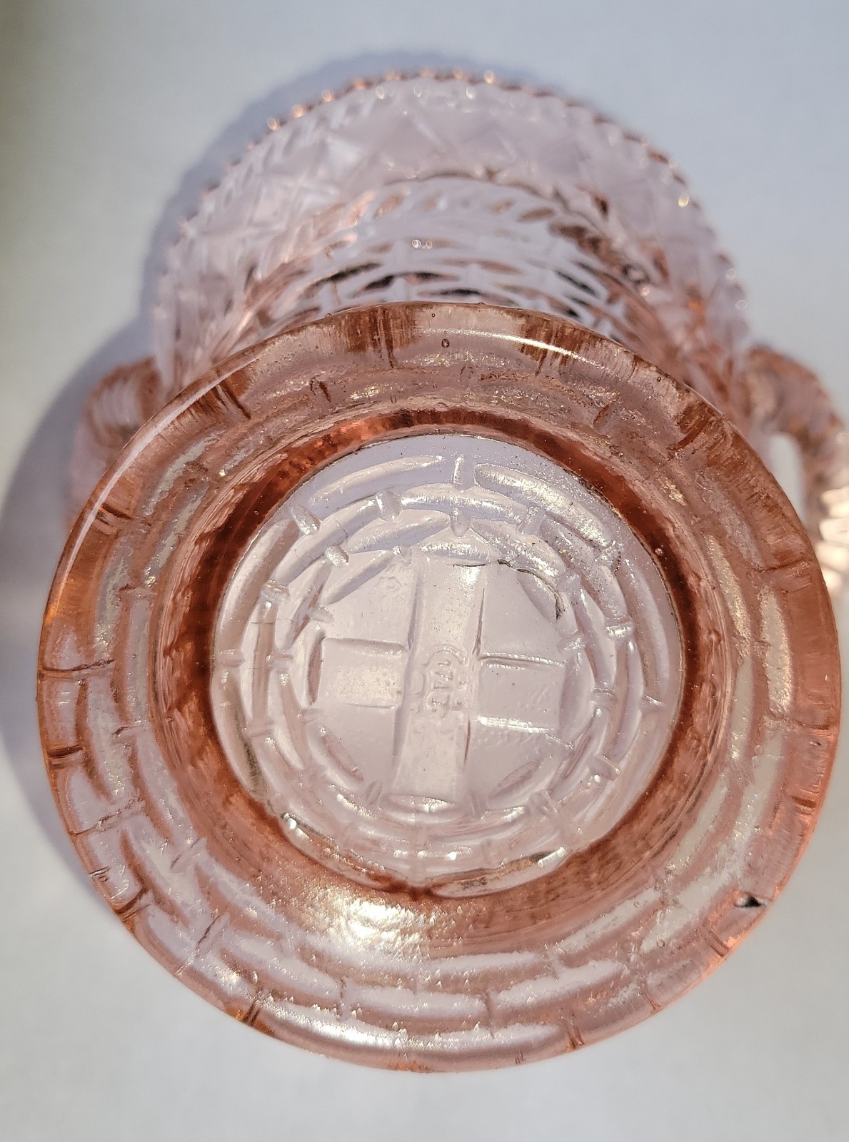Vintage Pink Depression Glass Hen on Woven Basket -Fenton? Dugan? Indiana Glass?
