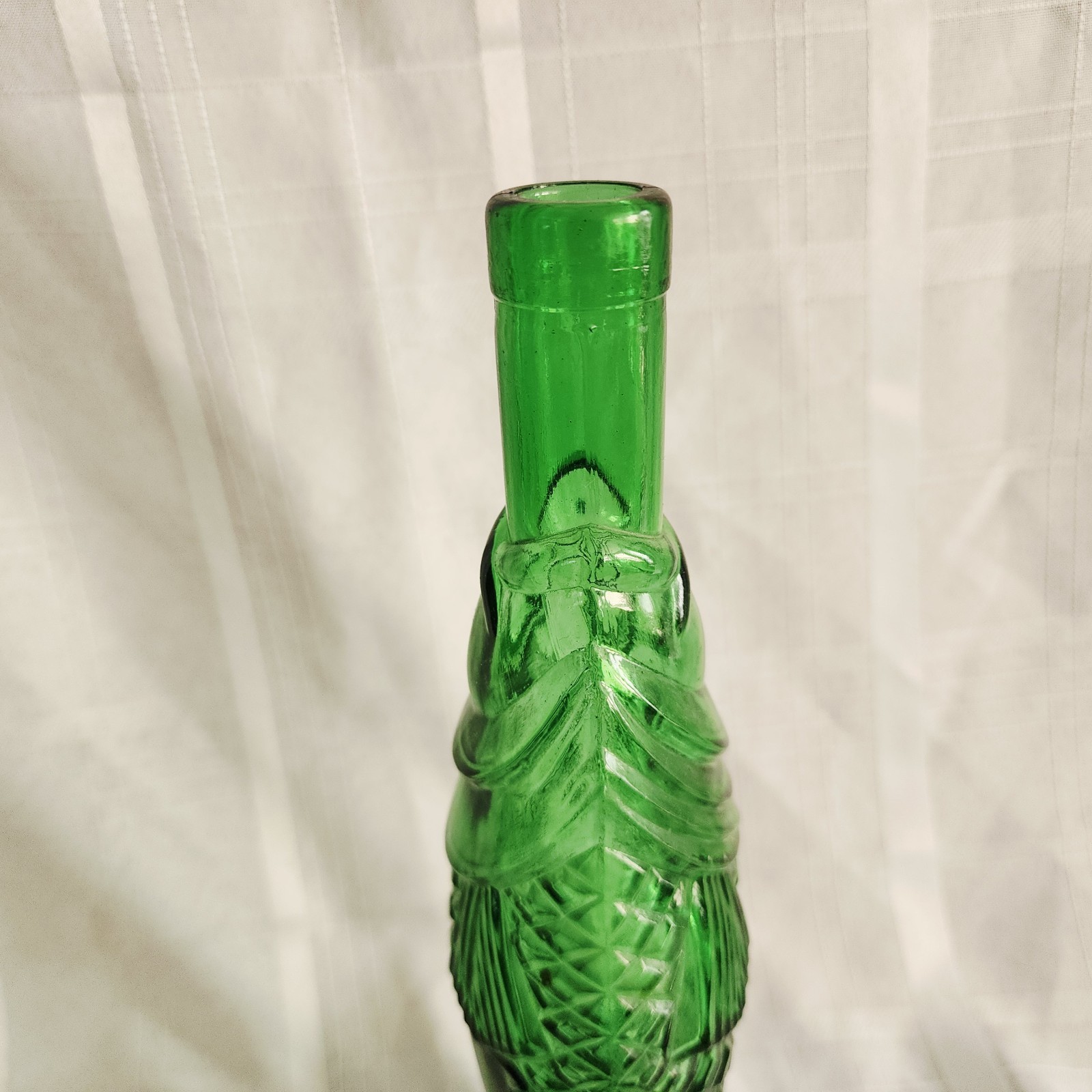 Vintage Green Glass Fish Shaped Wine Bottle Decanter Scales 13″ T F Mark