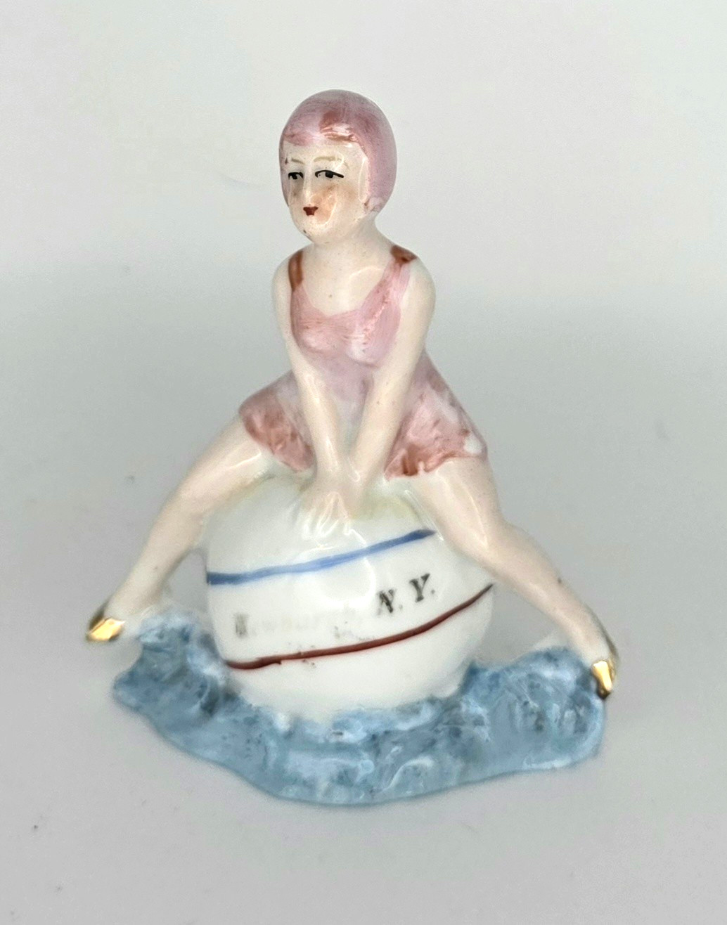 Antique Bathing Beauty Figurine Sitting on New York Beach Ball Germany 3.5″