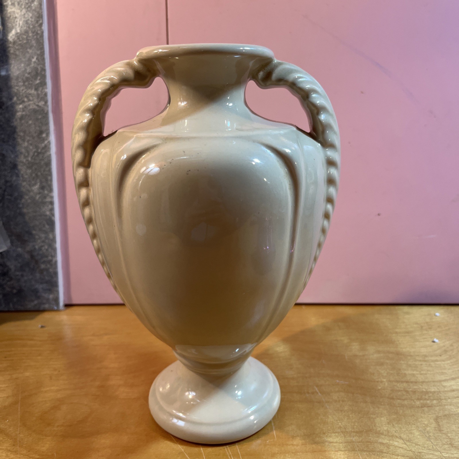Vintage 9” M-C-M Pale Yellow POTTERY Urn VASE Decorative Handle Art Deco USA EUC