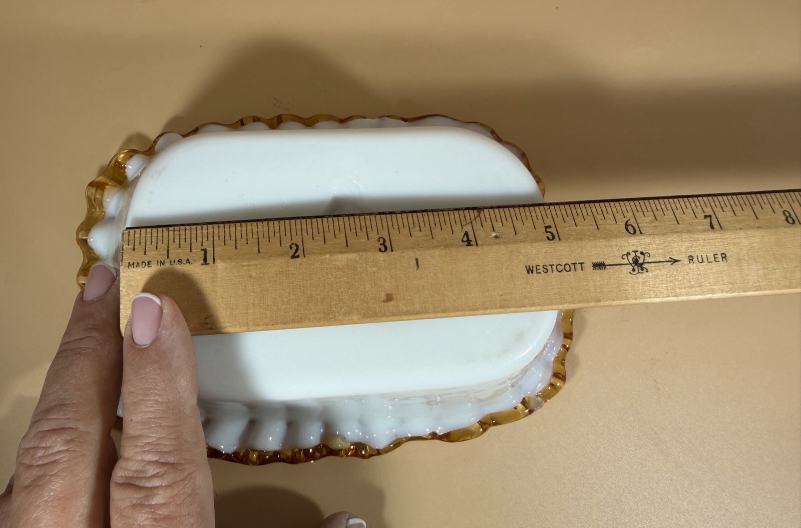 Peach Blown Glass Amber Crest -Crimped Fluted Rectangular Candy Dish -Art Glass