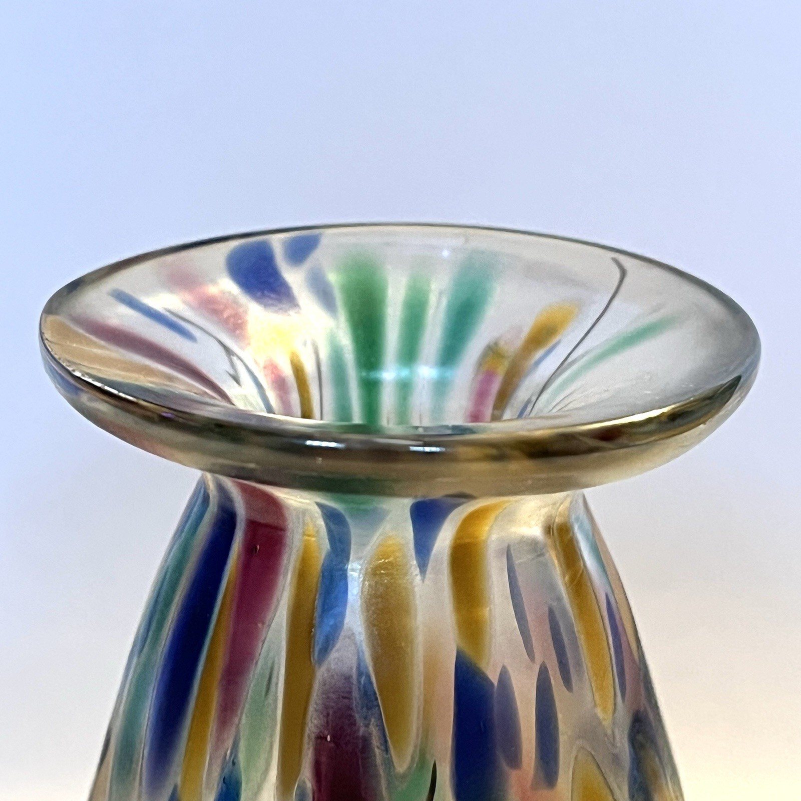 Signed Herb A. Thomas Vase Iridescent Art Glass with Millefiori Floral 5.25″