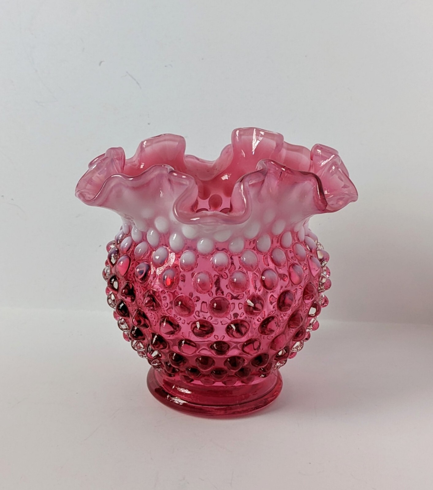 Vintage Fenton VASE/ BOWL Cranberry Opalescent Glass Hobnail Pattern Ruffle Top