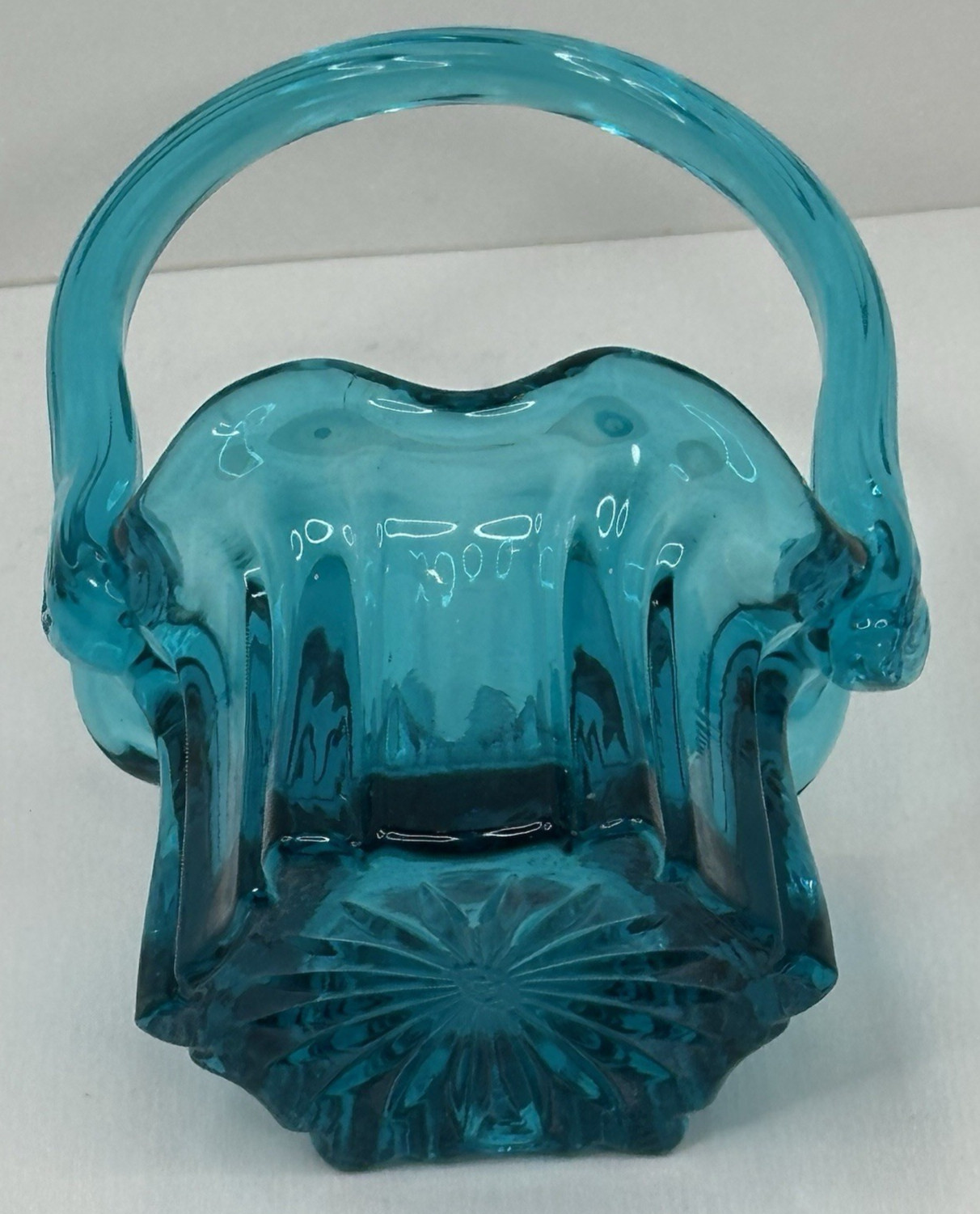 Vintage Fenton Minature Glass Basket Teal Approx. 4″ x 3″ Starburst Bottom