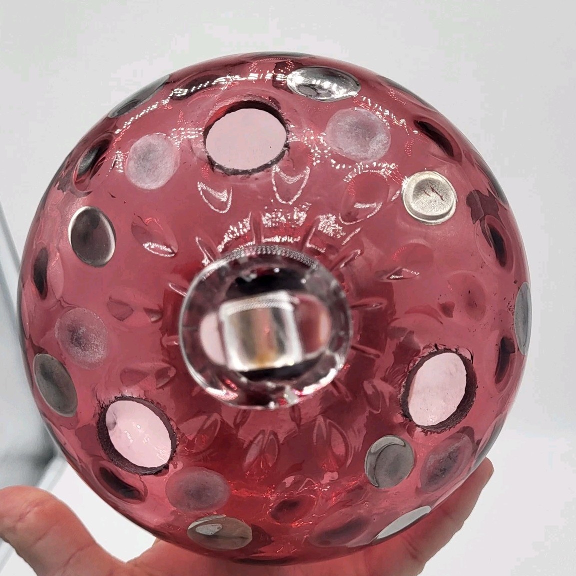 Hand Blown Cranberry Red Silver Polka Dot Ornament Glass Orb Christmas Decor