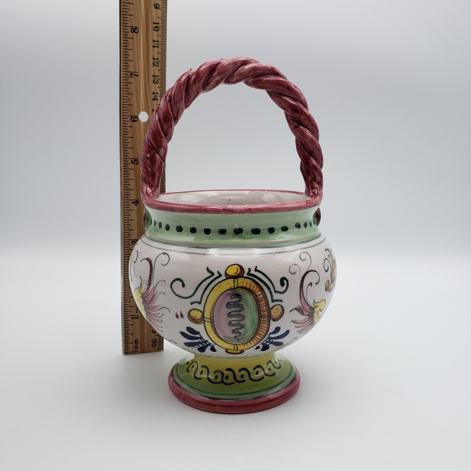 Vintage Italian Ceramic Decorative Basket w Twisted Handle Painted Winged Figure