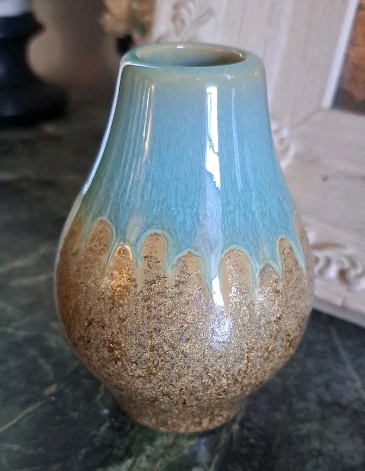 Handmade Art Pottery Small Bud Vase- Aqua Beige Brown 4.5” T x 3″W *New