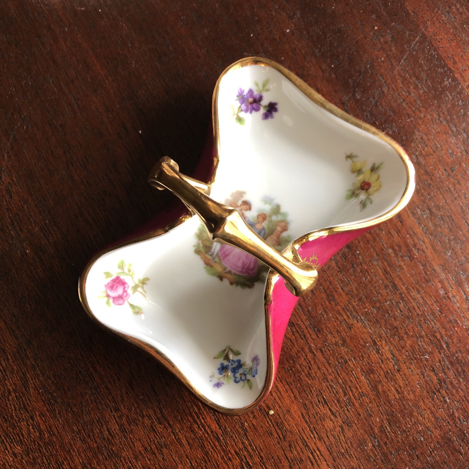 Limoges Castel France Porcelain Trinket Dish Handle Pink Gold matches dollhouse