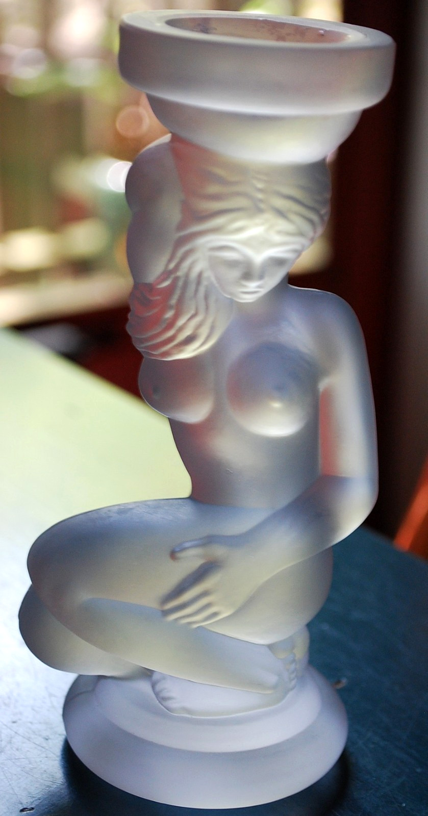 Vtg ART DECO Candlestick Holder SEATED NUDE WOMAN Frosted Glass LALIQUE TYPE