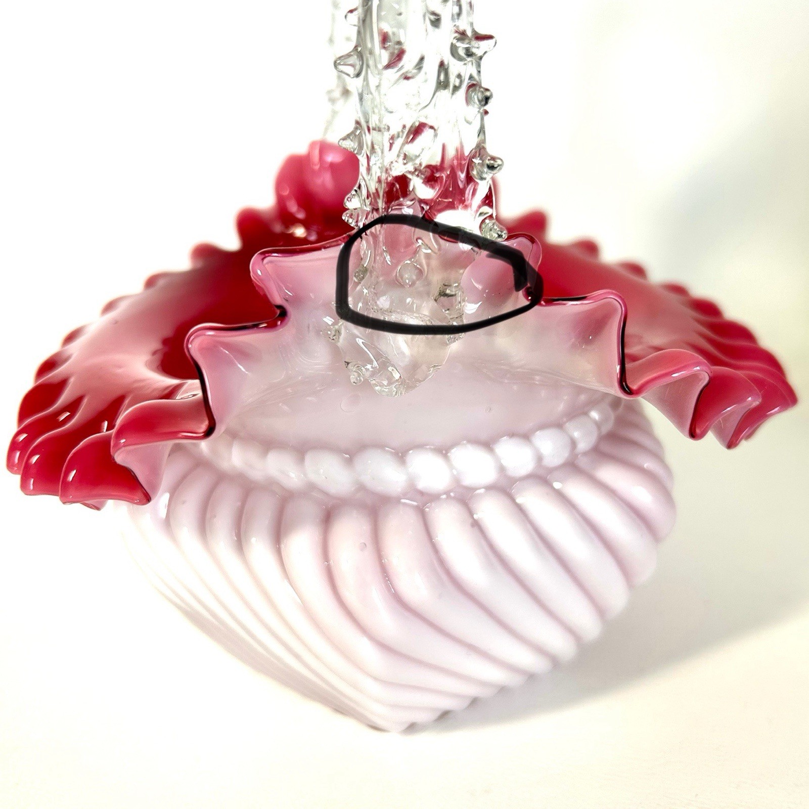 Antique Victorian Cranberry Art Glass Basket w Thorn Handle Ruffled Edge Hexagon