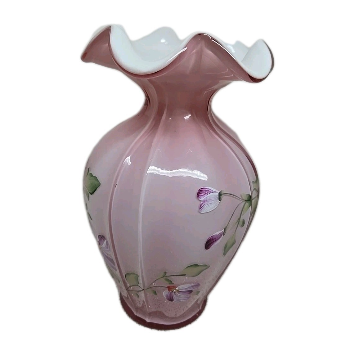Vintage Fenton Dusty Rose Overlay Vase Handpainted Butterfly & Floral Design EUC