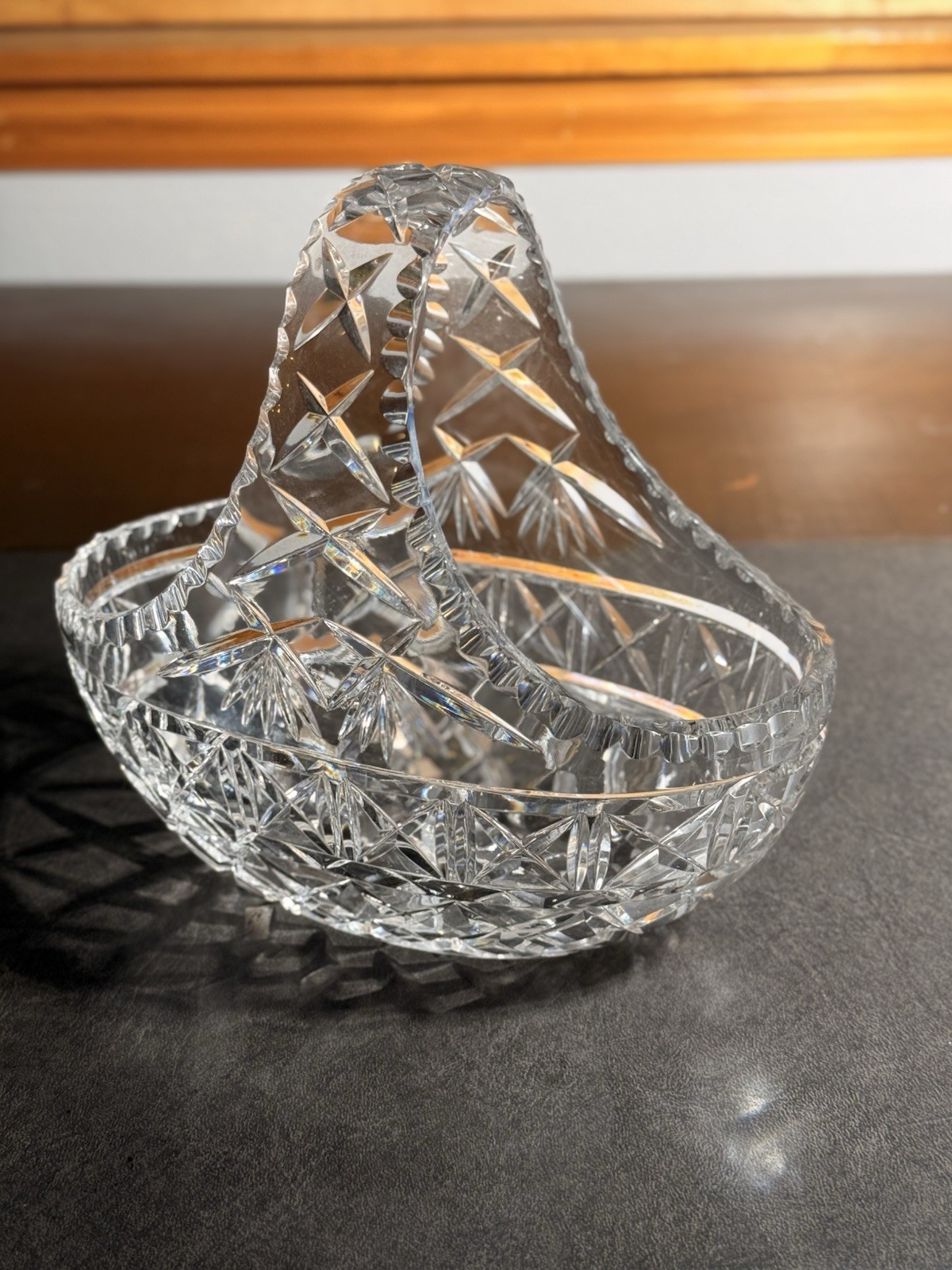 Vintage Heavy Cut CRYSTAL BASKET w/ Handle & Etched Stars, 3.75” tall