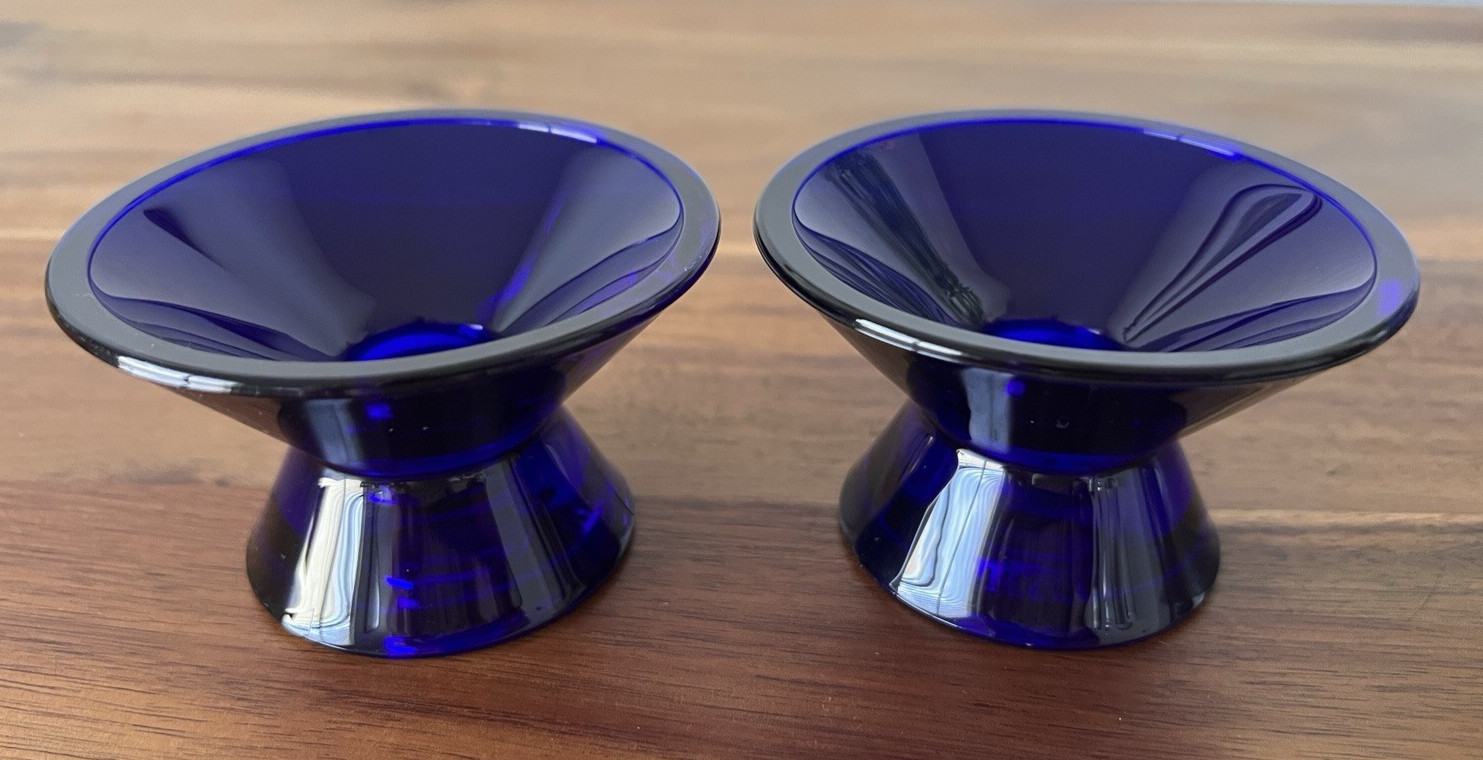 ITTAALA Kartio Glass Candle Holders Cobalt Blue by Kaj Franck Finland MCM Pair