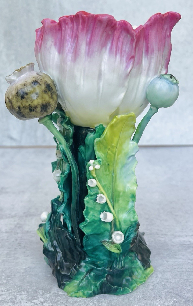 Vintage French Majolica Style Floral Vase Art Nouveau Barbotine Poppy Lily FLAWS