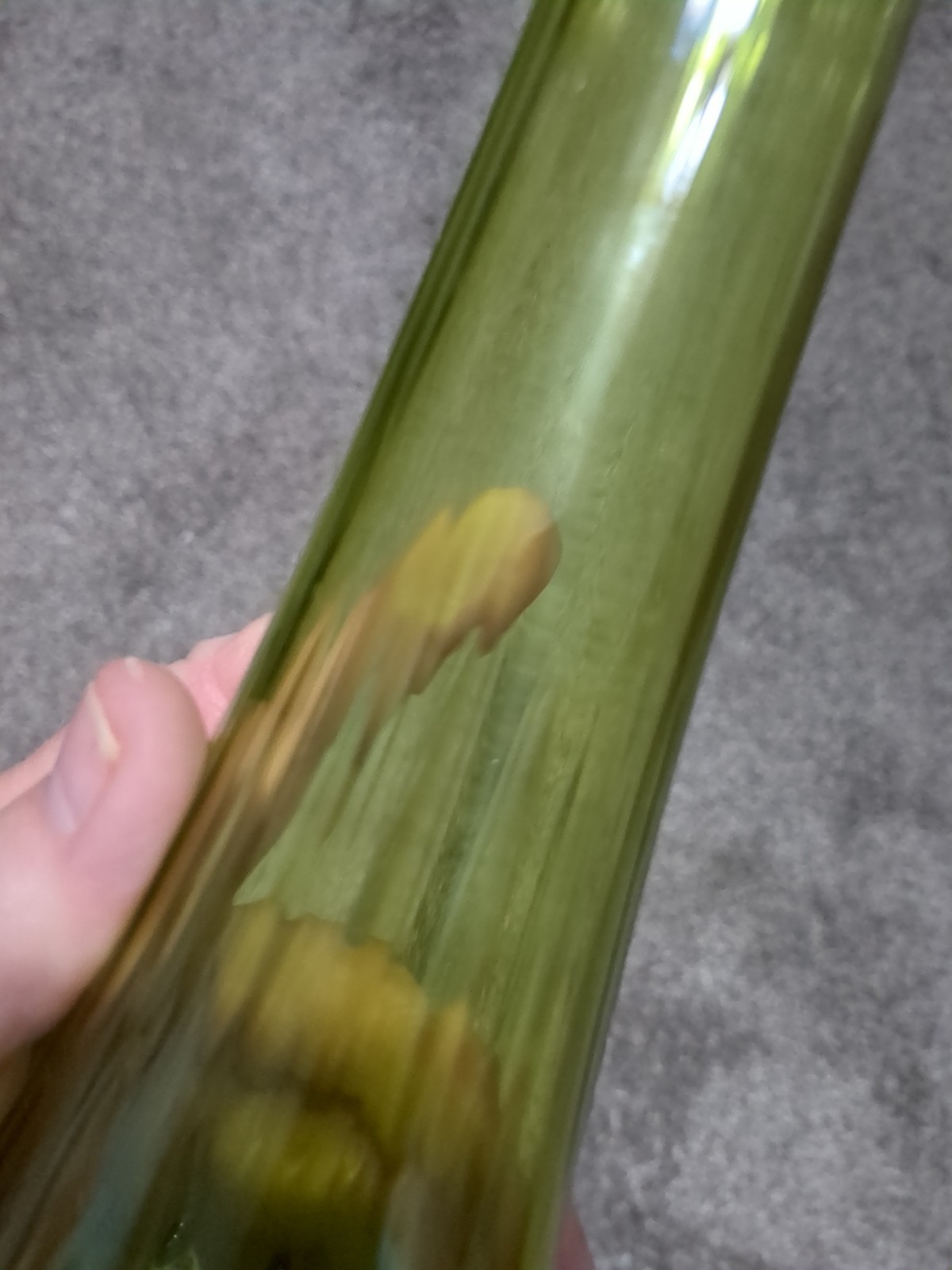 Vintage LE Smith Swung Vase Avocado Green With Toe & Hobnail Base MCM 14″