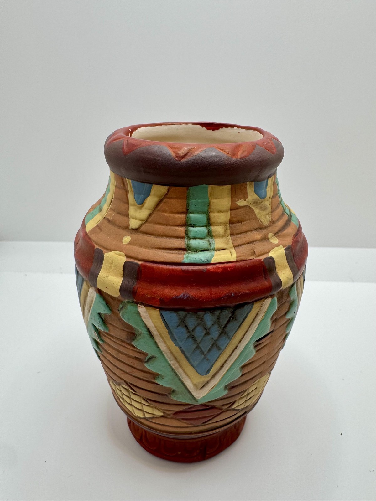 Southwestern Multicolor Geometric Terracotta Ceramic Vase Pair Hand Painted