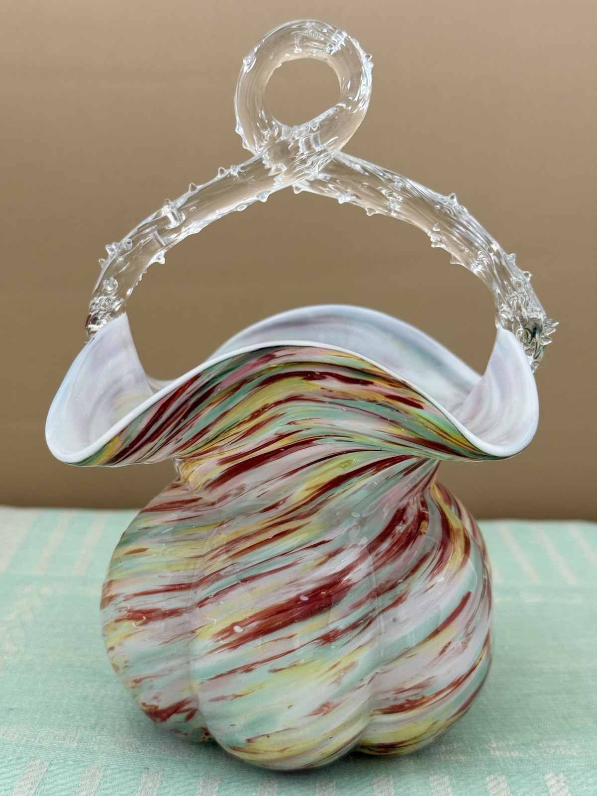 Antique Victorian Art Glass Bride’s Basket w/ Thorn Handle, Hand Blown, c.1890