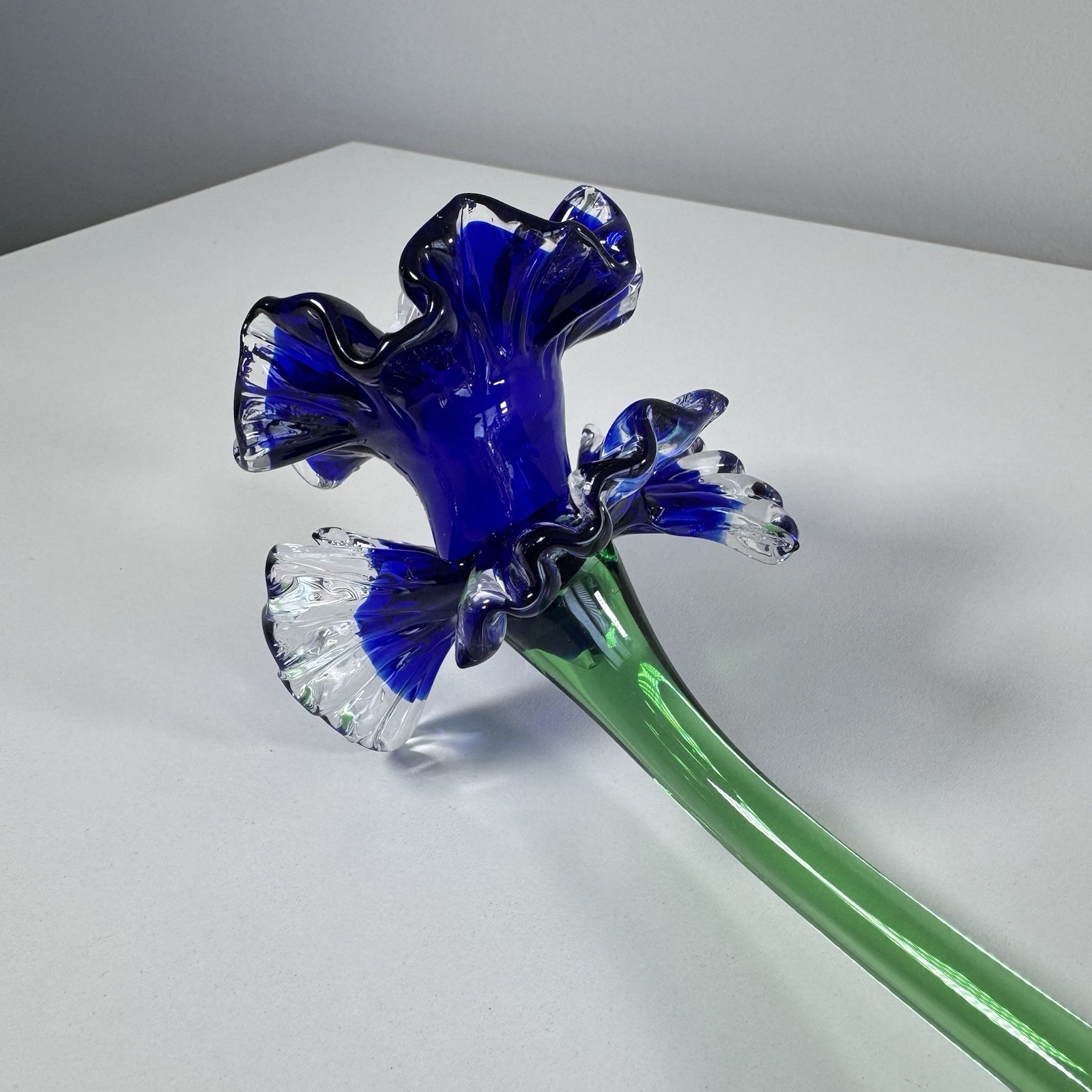 Hand Blown Flower Art Glass Murano Style Blue Long Stem Glass Flower 14”