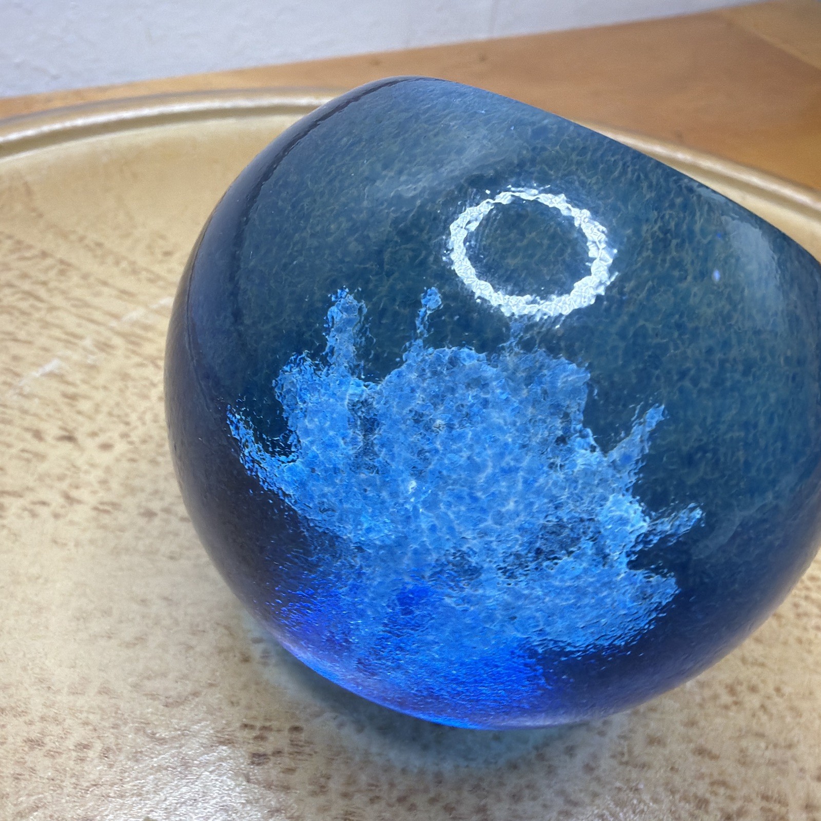 Selkirk Paperweight Bubble Blue & White Ice Flower Vintage Art Glass Signed