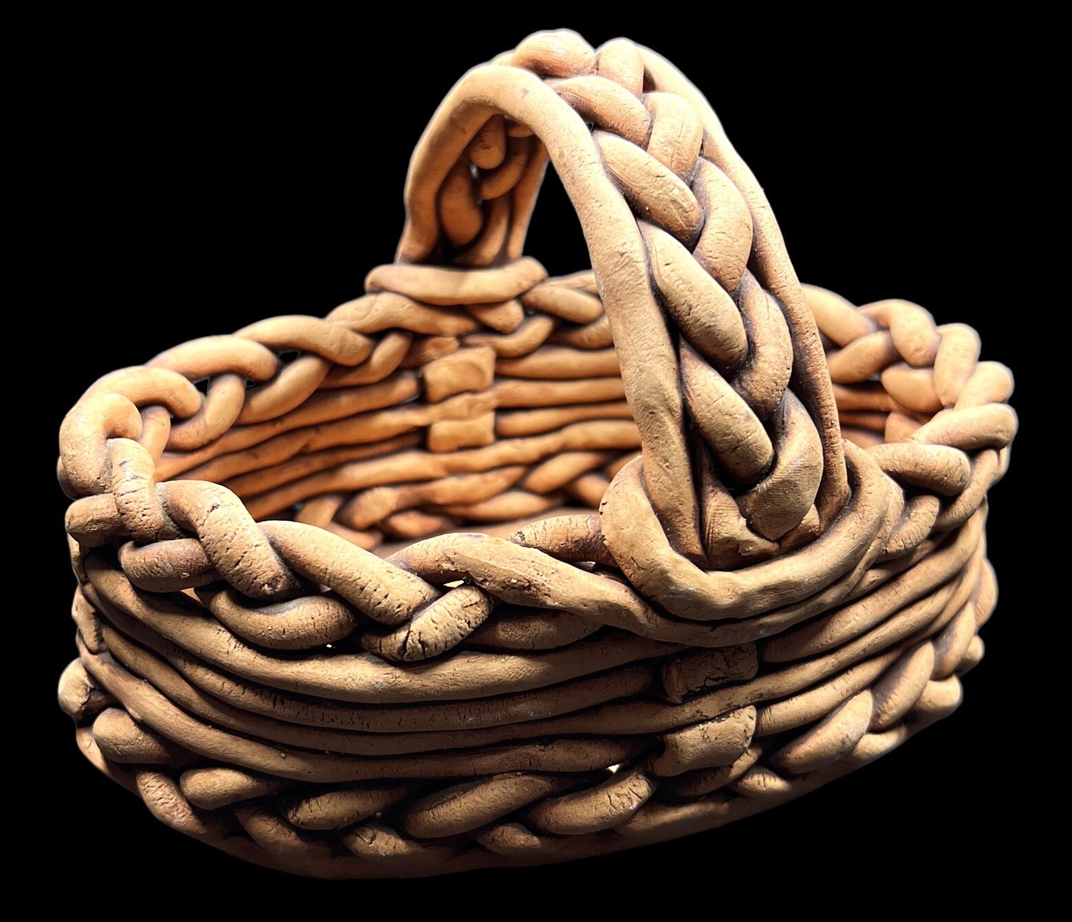 Rare Art Pottery Woven Basket Chunky Terracotta Signed Diane Love 8”