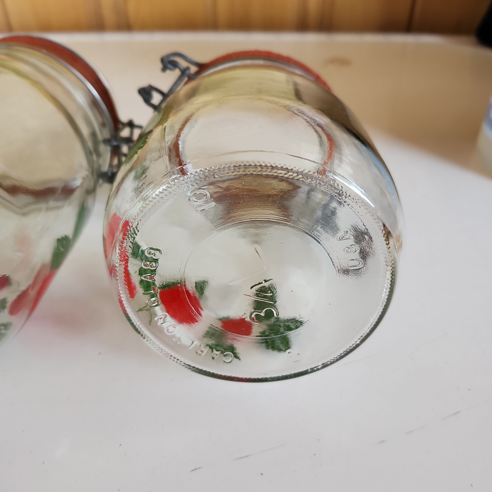 4 Carlton Strawberry Blossom Glass Canister Jars Set Wire Clamp Lid
