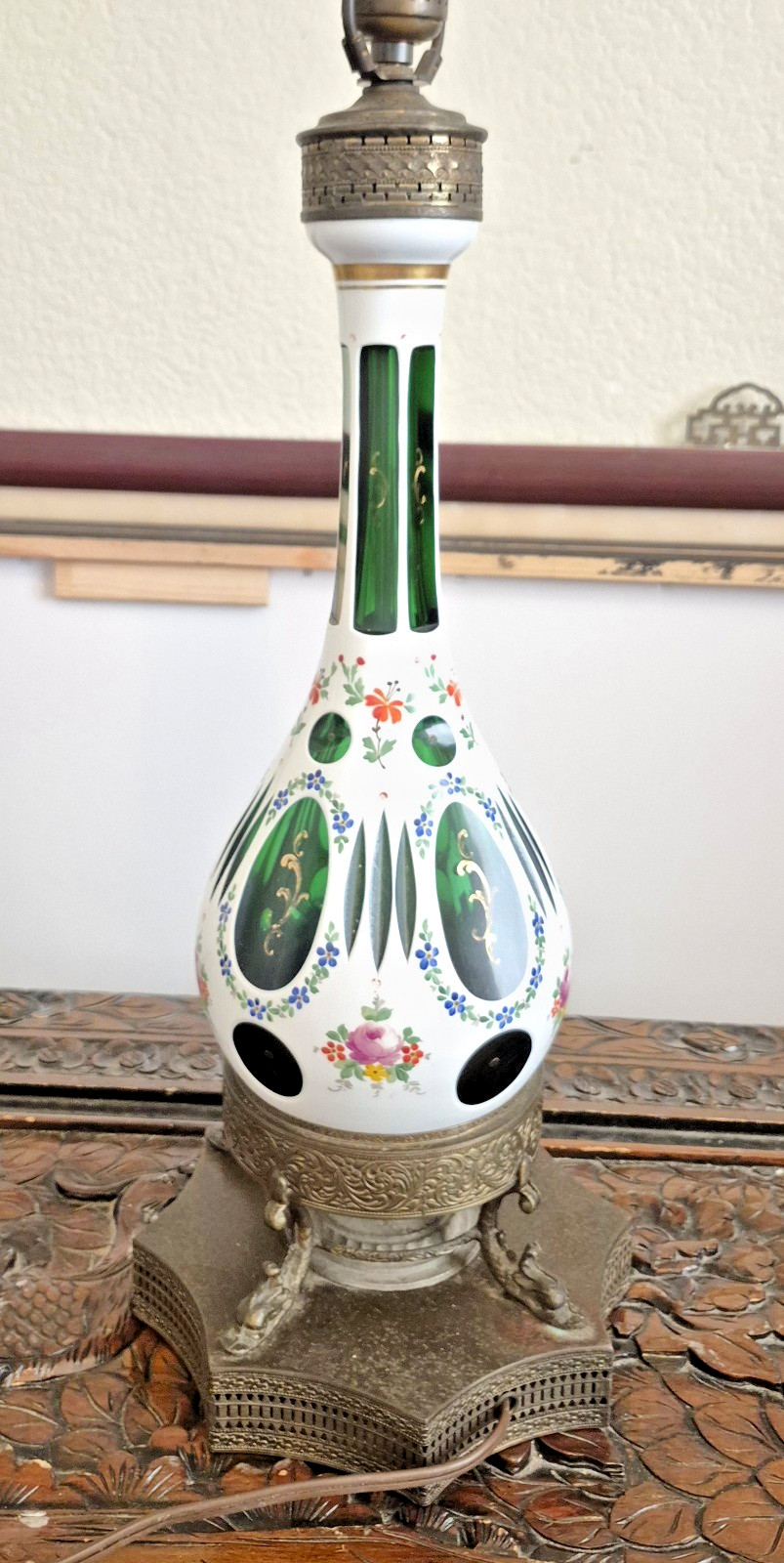 Large Moser Art Glass Green Cut Vase Lamp Enameled Floral Bronze Dolphin Finial!