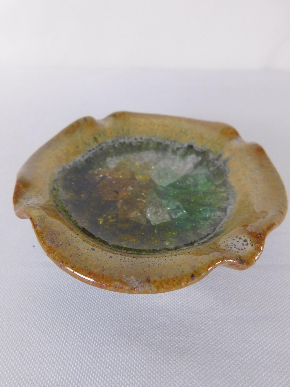 Vintage Crushed Glass Ceramic Ashtray Brown Green Multicolor Pottery Retro Decor