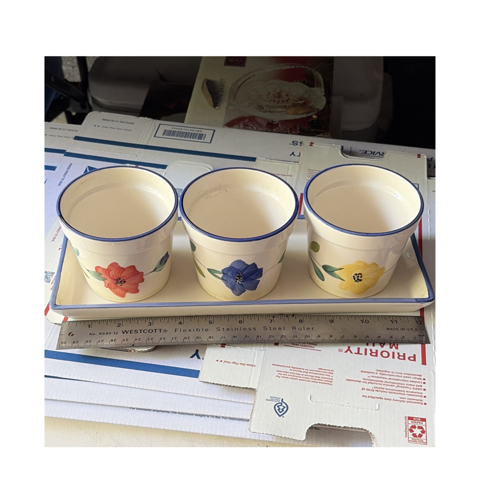 Dansk Portugal Ceramic Floral Planter Set with Tray Vintage Art Pottery
