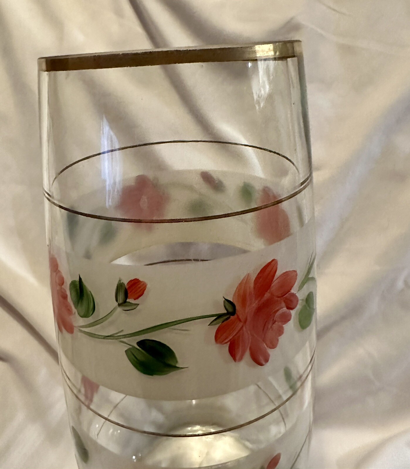 Clear Glass Vase Hand Painted Flowers 12 Inches Tall, 5 In Diameter W/Gold Rim
