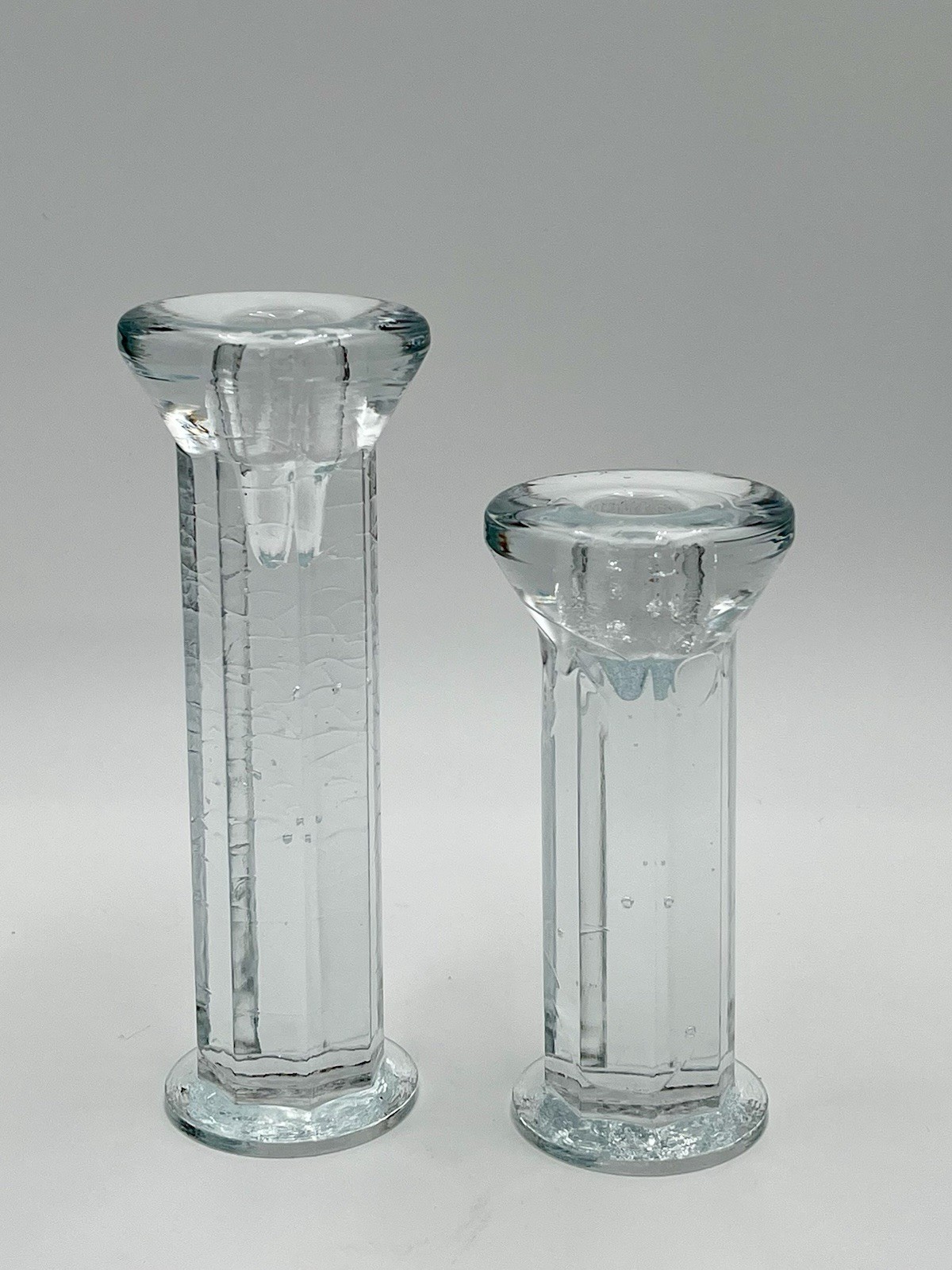 Attributed Christer Sjögren for Lindshammar Glasbruk Sweden Facett candlesticks