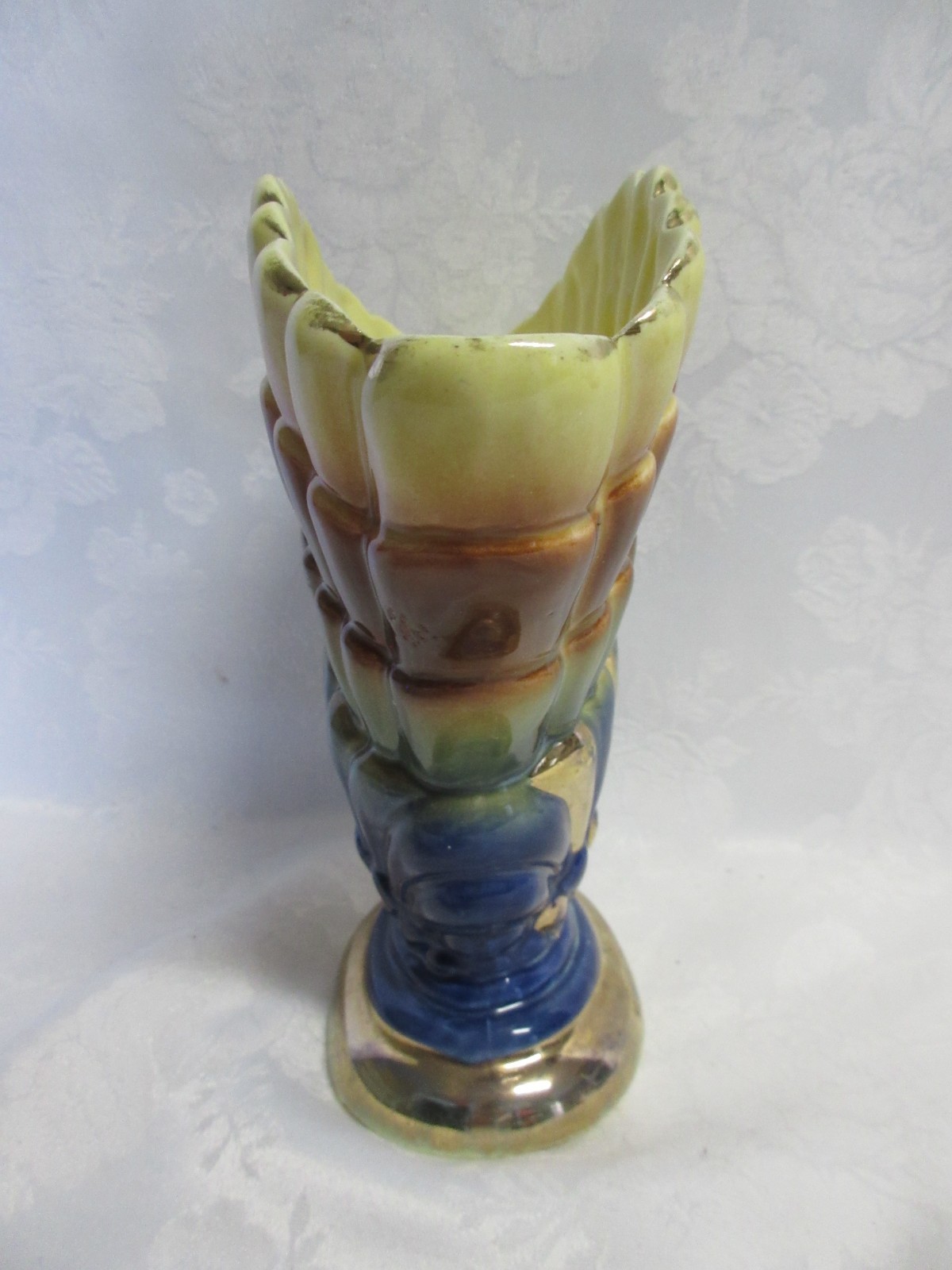 Multicolor Scallop Edge Fan Vase in Yellow, Brown, Green & Blue, AS IS, 8″ Tall