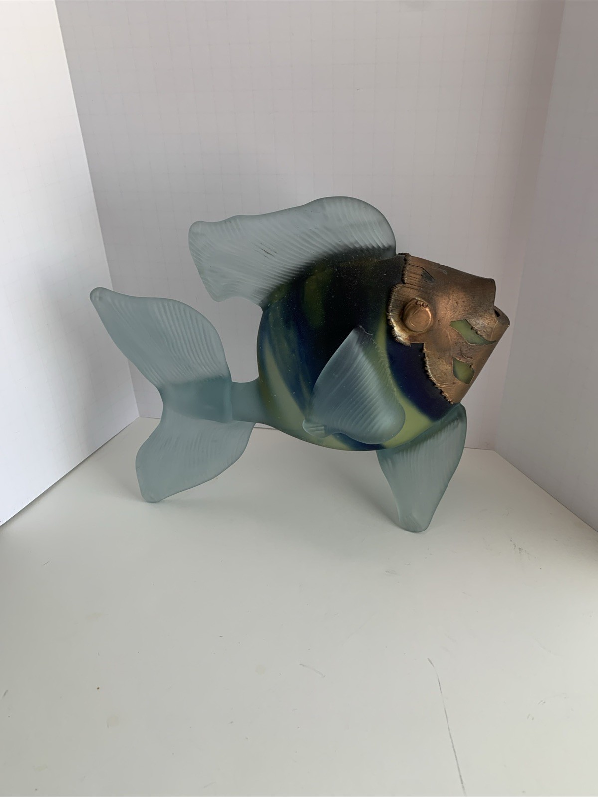 Artist Signed Frosted Art Glass Fish Sculpture With Copper Overlay