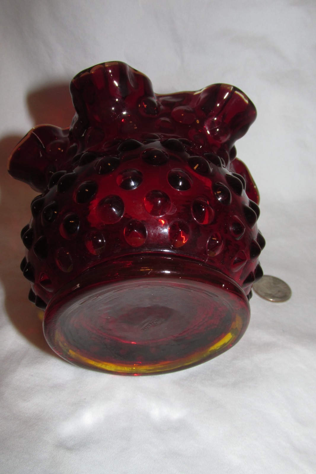 Vintage Fenton Dark Ruby Red Hobnail Ruffled Vase 3 Inch tall, Fenton stamp