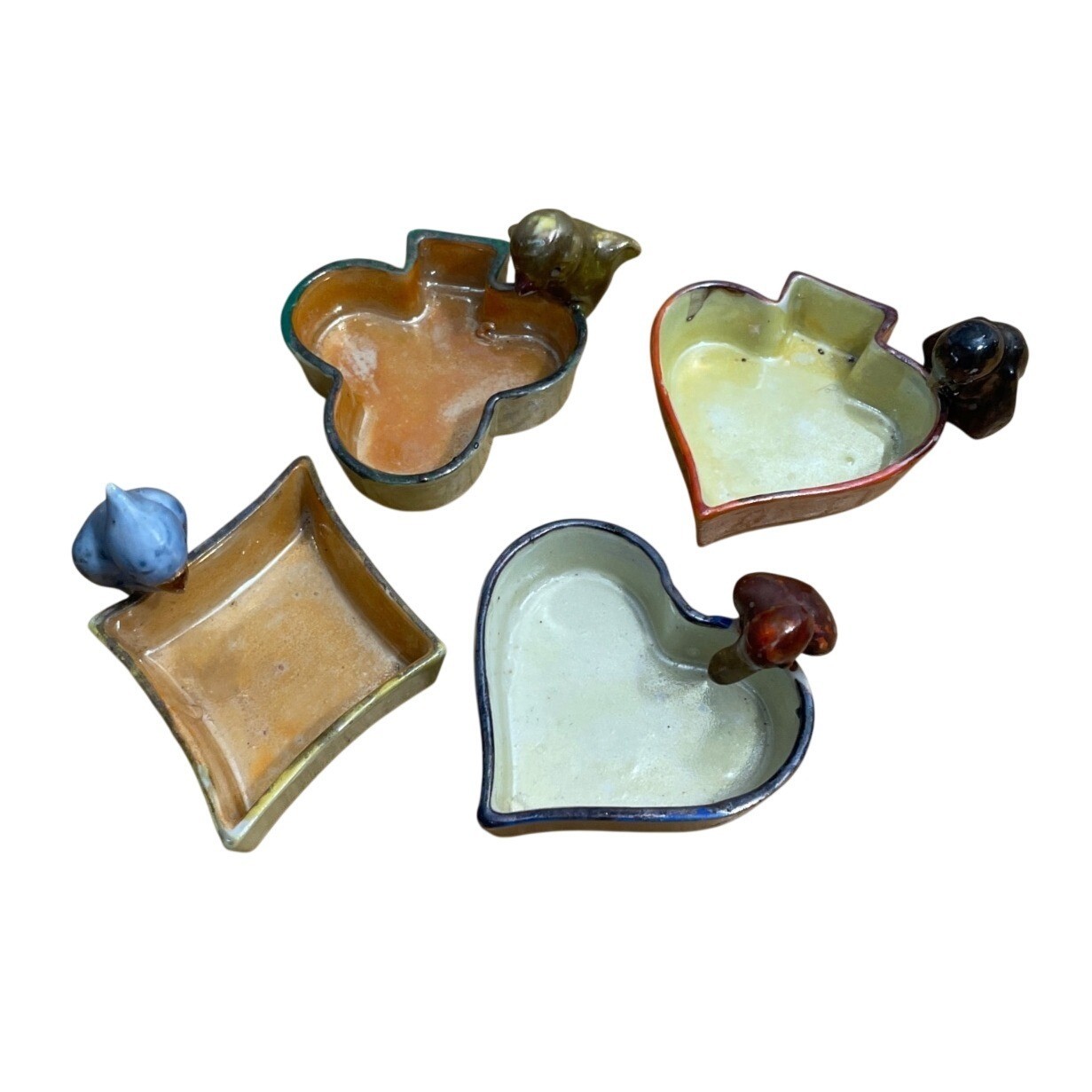 Vtg Ceramic Lusterware Trinket Dish Ashtray Set Bird Handles Card Suit Shapes