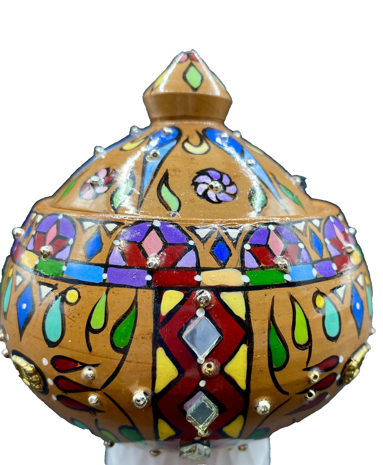 Fancy Pot Clay Covered Bowl/Trinket Jar, India, Colorful & Ornamented