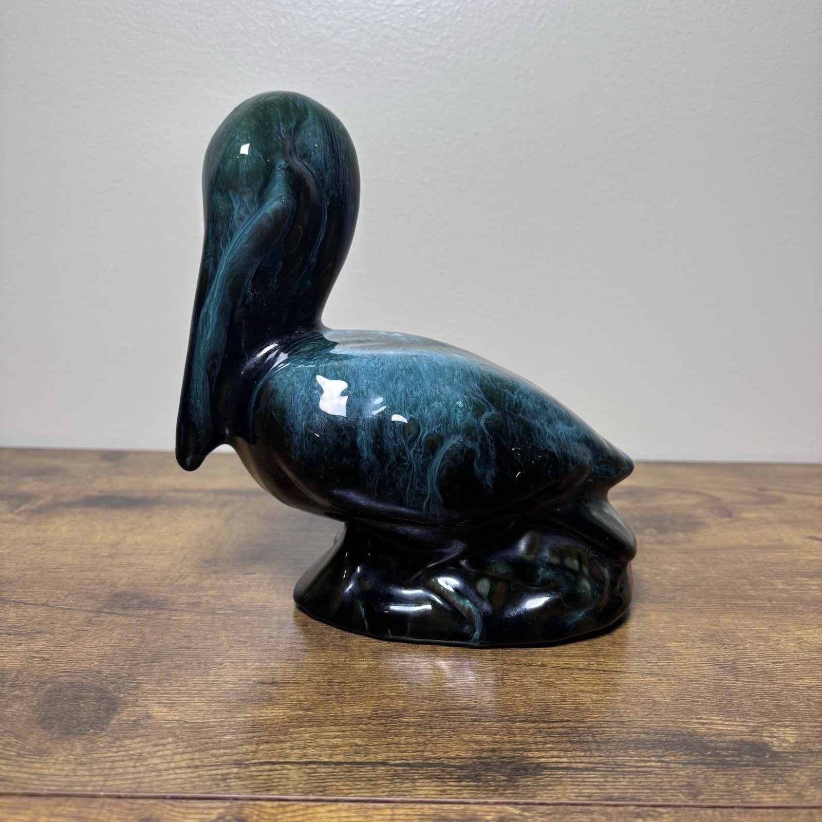 MCM Blue Green Drip Glaze Pelican Figurine Ceramic Art Pottery Bird Statue