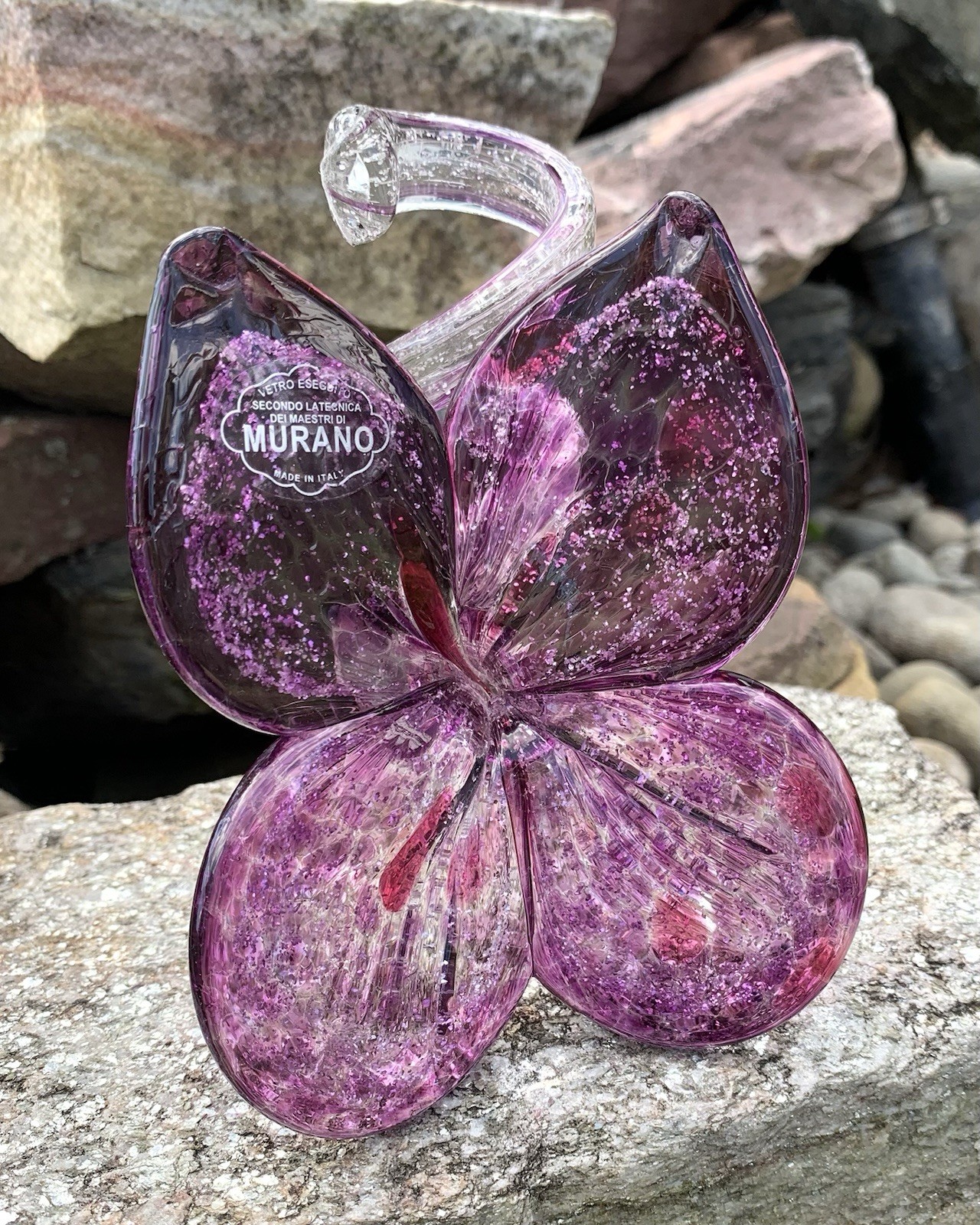 Vintage Murano Italy Handblown Art Glass Purple Pink Flower Glitter Petal Twist