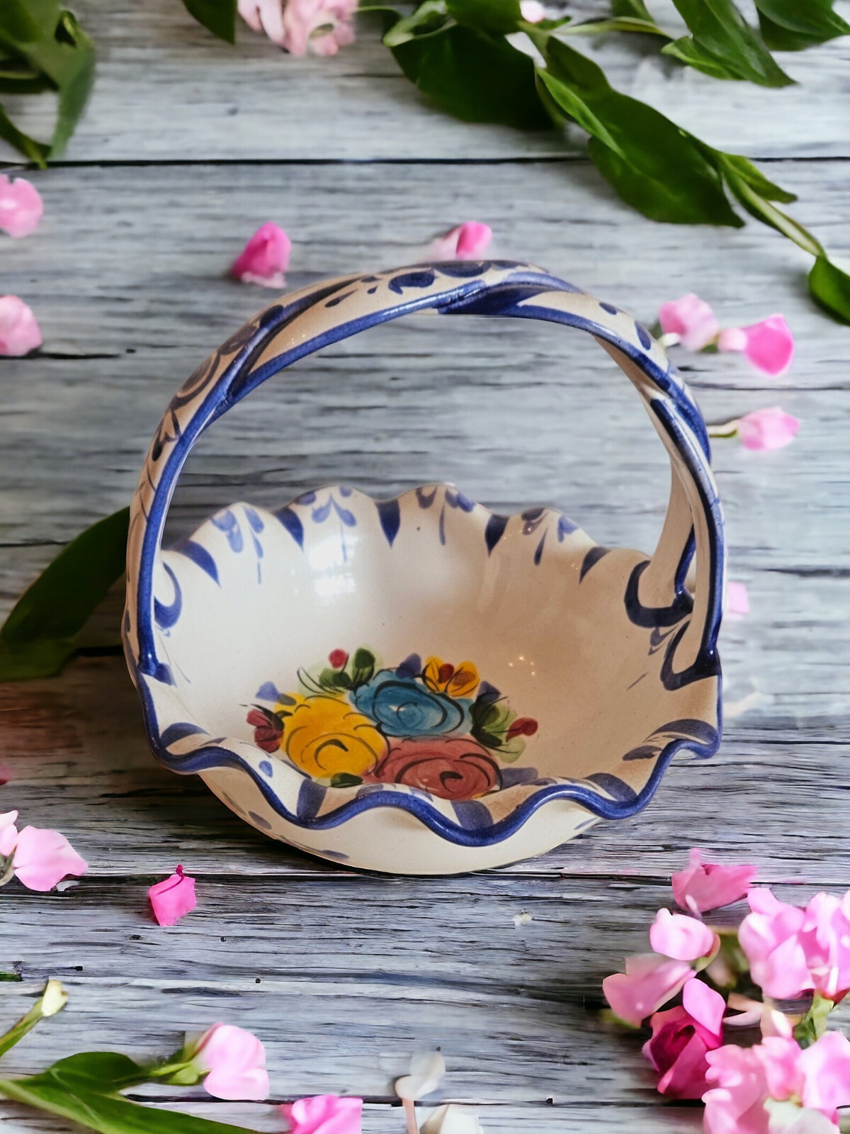 Hand-Painted Ceramic Basket With Handle, Candy Bowl, Berry Bowl, Blue And White
