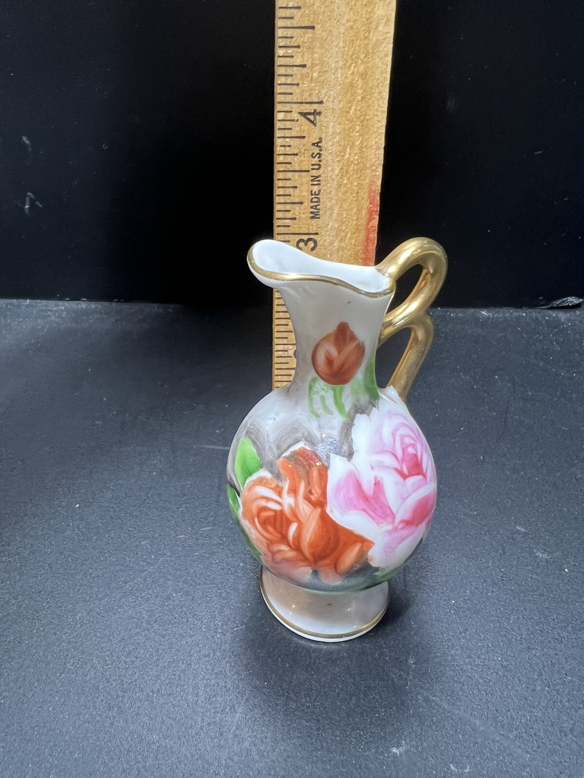 Norleans Mini Bud Vase Pitcher Pink Orange Flowers Gray w/ Gold Trim Vintage