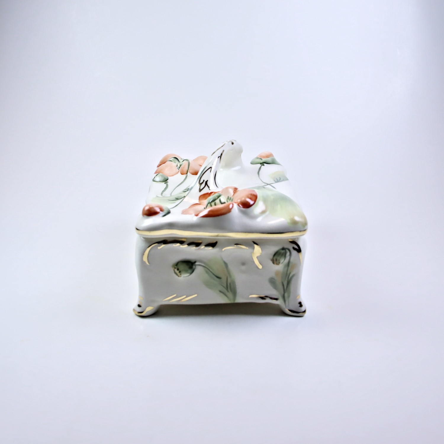 1940’s Coventry Ware Pottery Pink Poppies Footed Gold Trinket / Candy Box 5302A